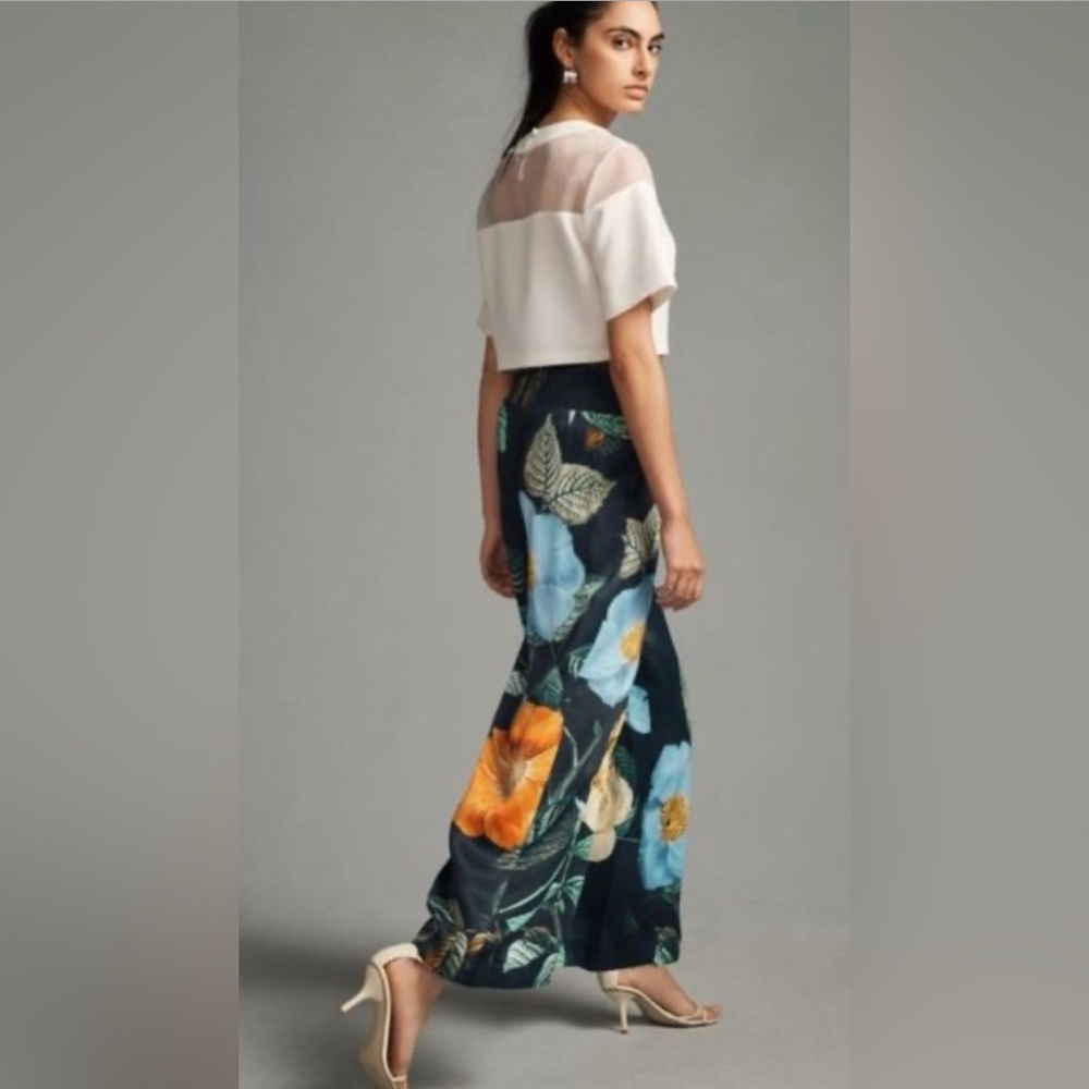 Anthropologie Maeve Saria Smocked Floral Pull On Wide Leg Pants Blue Size S - Picture 2 of 11